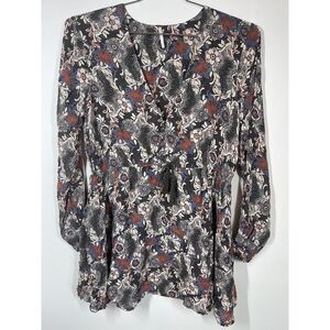 Free People Women's Stealing Fire Long Sleeve Mini Dress V Neck Multi Color Sz L